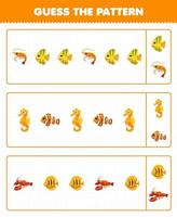 jeu éducatif pour les enfants devinez le motif chaque rangée de dessin animé mignon crevette poisson hippocampe homard feuille de travail sous-marine imprimable vecteur