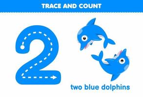 jeu éducatif pour les enfants amusant compter deux dauphins bleus feuille de travail sous-marine imprimable vecteur