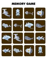 jeu éducatif pour les enfants mémoire pour trouver des images similaires de dessin animé mignon requin marteau calmar poisson os manta béluga crapet feuille de travail sous-marine imprimable vecteur