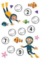 jeu éducatif pour compléter la séquence de nombres avec une feuille de travail sous-marine imprimable de dessin animé mignon plongeur et image de poisson vecteur