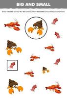 jeu éducatif pour les enfants organiser par taille grande ou petite en dessinant un cercle et un carré de dessin animé mignon homard ermite crabe seiche feuille de travail sous-marine imprimable vecteur