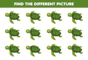 jeu éducatif pour les enfants trouver l'image différente de la feuille de travail sous-marine imprimable de tortue de dessin animé mignon vecteur