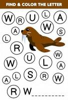 jeu éducatif pour les enfants trouver et colorier la lettre w pour la feuille de travail sous-marine imprimable de morse vecteur