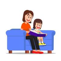 mère et fille lisant un livre ensemble assis sur le canapé vecteur