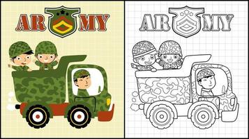 livre de coloriage d'un soldat heureux sur un camion militaire vecteur