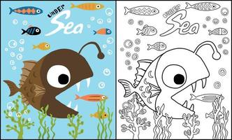 illustration vectorielle de dessin animé de poisson pêcheur chasse petit poisson, livre de coloriage ou page vecteur