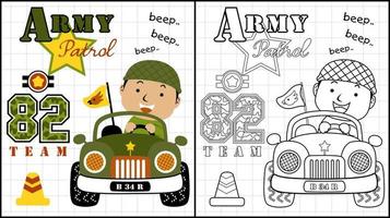 livre de coloriage du petit soldat conduisant une voiture militaire vecteur