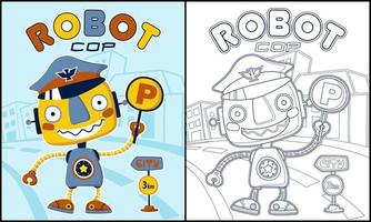 livre de coloriage de dessin animé drôle de flic robot avec des panneaux de signalisation vecteur