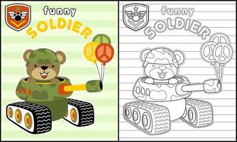 livre de coloriage de dessin animé drôle d'ours dans un casque de soldat sur un véhicule blindé vecteur