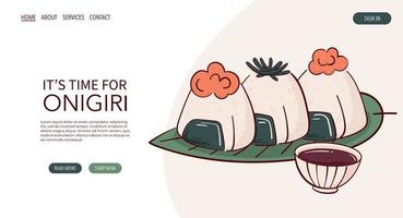 page web dessiner des boules de riz onigiri japonais avec illustration vectorielle nori. cuisine asiatique japonaise, cuisine, concept de menu. bannière, site Web, publicité dans le style de dessin animé de doodle.. vecteur