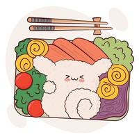 dessinez une drôle de boîte à bento kawaii cuisine maison illustration vectorielle de préparation de repas à emporter. cuisine traditionnelle asiatique japonaise, cuisine, concept de menu. style de dessin animé de griffonnage vecteur