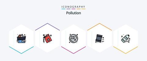 pollution 25 pack d'icônes fillline, y compris le plastique. bouteille. gaz co. la pollution. environnement vecteur