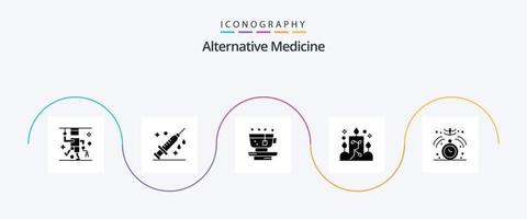 pack d'icônes de médecine alternative glyphe 5, y compris les soins de santé. ornemental. feuille. lumière. bougie vecteur