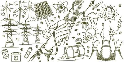 dessinés à la main d'éléments de jeu de doodle d'écologie d'énergie renouvelable de sauver la terre. vecteur
