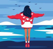illustration de graphiques vectoriels fille sans visage dans un pull à capuche dans la nature en vacances illustration lumineuse couleur bleu et rouge vecteur