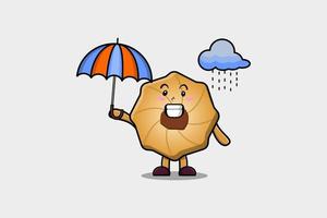 personnage de cookie de dessin animé mignon sous la pluie utiliser un parapluie vecteur