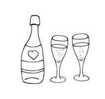 champagne avec des verres isolés sur fond blanc. illustration vectorielle dessinée à la main. vecteur