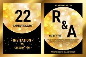 Carte double d'invitation de luxe de papier noir de vecteur d'anniversaire de 22 ans. brochure de célébration d'anniversaire de mariage. modèle d'invitation pour l'impression de fond noir et or