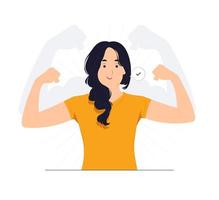 femme forte et puissante lève les bras et montre les biceps, a un piercing à l'oreille, regarde mes muscles illustration de concept de force intérieure vecteur