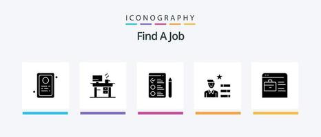 trouver un pack d'icônes de glyphe d'emploi 5 comprenant un portefeuille en ligne. trouver un emploi. travail. sac. loupe. conception d'icônes créatives vecteur