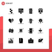 ensemble moderne de 16 glyphes et symboles solides tels que coeur e gps magasin d'informatique éléments de conception vectoriels modifiables vecteur