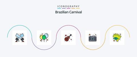 ligne de carnaval brésilien remplie de pack d'icônes plat 5, y compris le brésil. photo. guitare. la photographie. violon vecteur