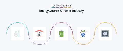 source d'énergie et pack d'icônes plat 5 de l'industrie de l'énergie, y compris l'énergie. globe. poubelle. amical. croissance vecteur