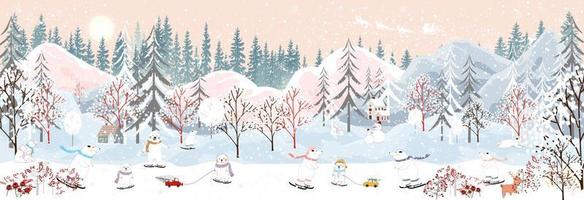 paysage d'hiver en ville avec un ours polaire célébrant la veille de noël. pays des merveilles d'hiver dans la ville avec des ours heureux faisant de la luge et du patinage dans le parc vecteur