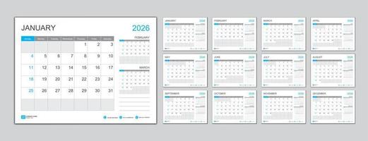 modèle de calendrier mensuel pour 2026 ans, planificateur 2026 ans, la semaine commence le dimanche. calendrier mural dans un style minimaliste, modèle de calendrier de bureau 2026, conception de calendrier de nouvel an, vecteur de modèle d'entreprise