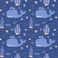 modèle sans couture avec baleine, étoile de mer et algues. personnage mignon de l'océan dans le monde sous-marin. pour les textiles et vêtements pour enfants. illustrations vectorielles de dessin animé sur fond bleu foncé. vecteur
