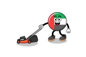 dessin animé illustration drapeau des émirats arabes unis tenant une tondeuse à gazon vecteur