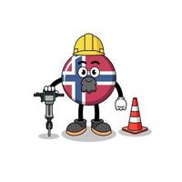 personnage de dessin animé du drapeau de la norvège travaillant sur la construction de routes vecteur