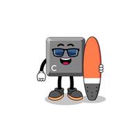 caricature de mascotte de la touche c du clavier en tant que surfeur vecteur