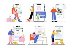 les gens paient, transfèrent de l'argent avec un téléphone portable vecteur