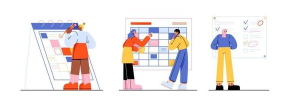 concept de calendrier des tâches avec des personnes prenant des notes vecteur