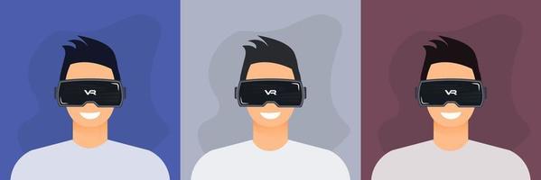 personnage masculin utilisant un appareil de réalité virtuelle. métaverse, vr, futur, gadgets, technologie, éducation en ligne, éducation, concept de jeu vidéo. illustration vectorielle vecteur