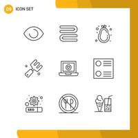 contour de l'interface mobile ensemble de 9 pictogrammes d'ordinateur cardiaque alimentation saine fourche ferme éléments de conception vectoriels modifiables vecteur