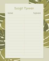 conception de page de modèle de planificateur de budget avec des feuilles de monstera, des revenus et des dépenses. vecteur