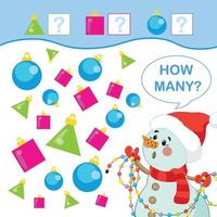 jeu de mathématiques pour les enfants. combien de boules de noël. bonhomme de neige et noël vecteur