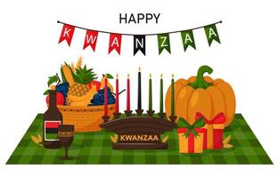 carte de voeux heureux kwanzaa. une composition avec une serviette à carreaux, un kinara, des cadeaux, une citrouille et une corbeille de fruits. illustration de vecteur de dessin animé sur fond blanc