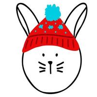 jolie tête de lapin souriante avec bonnet de noel rouge, symbole dessiné à la main du nouvel an 2023 dans un style doodle, impression pour textile pour enfants, décoration d'intérieur de chambre, affiche, autocollant, logo, design de mode pour bébé vecteur