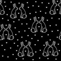 modèle sans couture avec de jolis couples de lapins dessinés à la main et des coeurs dans un style doodle, illustration d'enfant avec lapin, décoration de vacances, impression pour papier d'emballage, saint valentin, serre-livre romantique, animaux de compagnie amoureux vecteur