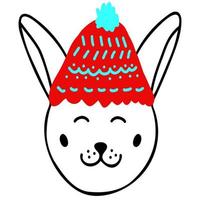 jolie tête de lapin souriante avec bonnet de noel rouge, symbole dessiné à la main du nouvel an 2023 dans un style doodle, impression pour textile pour enfants, décoration d'intérieur de chambre, affiche, autocollant, logo, design de mode pour bébé vecteur