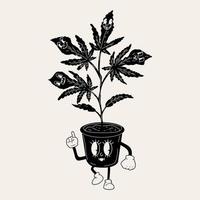 feuille de chanvre noir et blanc. jolie feuille de marijuana drôle de mauvaise herbe. personnage de mascotte de dessin animé. cannabis médical, mauvaise herbe, concept de personnage de marijuana vecteur