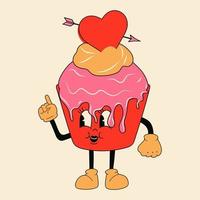 personnage de mascotte de dessin animé cupcake rétro des années 30 -. Style d'animation des années 40, 50, 60. Vecteur de style cupcake de la Saint-Valentin. heureux, sourire émotions.