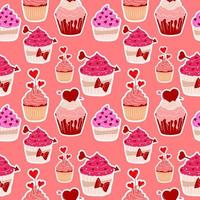 modèle sans couture avec ensemble de quatre icône de cupcake de la saint-valentin avec coeur de style plat isolé sur fond blanc. notion d'amour. illustration vectorielle. vecteur