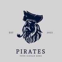 symbole vectoriel de la silhouette du visage de pirate avec barbe et chapeau noir. icône ou logo de l'illustration de la tête du capitaine pirate