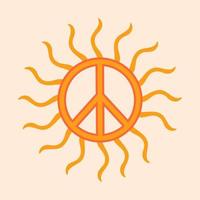 icône, autocollant de style hippie avec signe de paix ensoleillé orange sur fond beige. style rétro vecteur