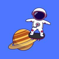 astronaute mignon jouant à la planche à roulettes sur l'illustration d'icônes vectorielles de dessin animé de planète. concept de dessin animé plat. adapté à tout projet créatif. vecteur
