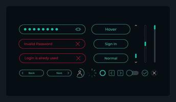 connectez-vous au kit d'éléments de l'interface utilisateur du processus. créer des composants vectoriels isolés de compte. menus de navigation plats et modèle de boutons d'interface. collection de widgets de conception web pour application mobile avec thème sombre vecteur